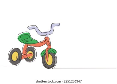 Single one line drawing kids tricycle. Children tricycle transportation. Tricycle, children bicycle. Sketch scratch board imitation. Modern continuous line draw design graphic vector illustration