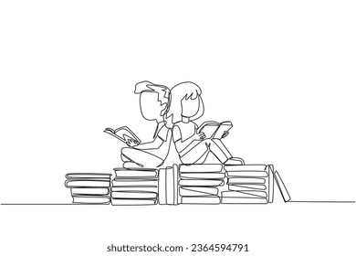 Single one line drawing kids sitting relaxed reading a book on pile of books. Relax while reading fiction books. Enjoy the storyline. Book festival concept. Continuous line design graphic illustration