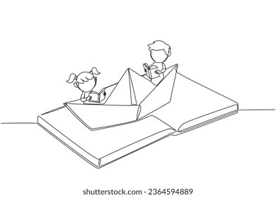 Single one line drawing the kids reading a book on paper boat. Maintain the good habits. The metaphor of reading can explore oceans. Book festival concept. Continuous line design graphic illustration