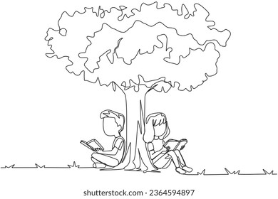 Single one line drawing the kids sitting reading a book under shady tree. They do group study summarizing story books. Enjoy reading. Book festival concept. Continuous line design graphic illustration