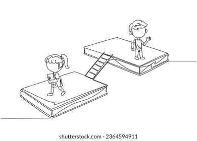 Single one line drawing kids walking on books. A book exhibition concept. Display many books, from scientific books to fiction story books. Book festival. Continuous line design graphic illustration