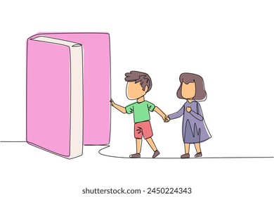 Single one line drawing the kids open the book-shaped door. Books can open mind and see everywhere. Increase knowledge about the wider world. Book festival. Continuous line design graphic illustration