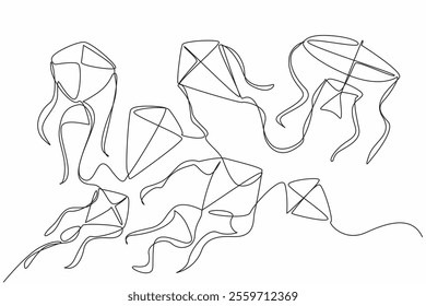 Single one line drawing kites of various shapes and sizes flying in the sky. Kite festival in the field. Fun holiday. Pleasure. Exciting. Go Fly a Kite Day. Continuous line design graphic illustration