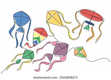 Single one line drawing kites of various shapes and sizes flying in the sky. Kite festival in the field. Fun holiday. Pleasure. Exciting. Go Fly a Kite Day. Continuous line design graphic illustration