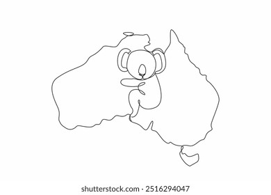 Single one line drawing koala animal in middle of map of the Australian continent. Aussie signature animal. Thick fur. Loves trees very much. Australia Day. Continuous line design graphic illustration