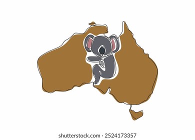 Single one line drawing koala animal in middle of map of the Australian continent. Aussie signature animal. Thick fur. Loves trees very much. Australia Day. Continuous line design graphic illustration