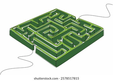 Single one line drawing labyrinth of box shaped plants. Using intuition. Finding solutions to problems that are too complex. Escaping. World Labyrinth Day. Continuous line design graphic illustration