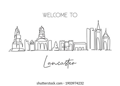 Single one line drawing Lancaster city skyline, England. World historical town landscape. Best holiday destination postcard art. Editable stroke trendy continuous line draw design vector illustration