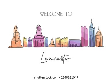 Single one line drawing Lancaster city skyline, England. World historical town landscape. Best holiday destination postcard art. Editable stroke trendy continuous line draw design vector illustration