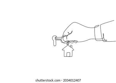 Single one line drawing landlord unlocks the house key for new home. Real estate. Female hand holding key from house isolated on white. Buying house. Modern continuous line draw design graphic vector
