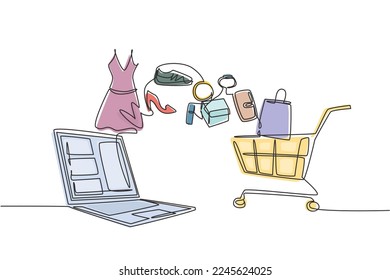 Single one line drawing laptop and shopping cart with products purchased online. E-commerce and digital marketing. Order to cart concept. Modern continuous line draw design graphic vector illustration