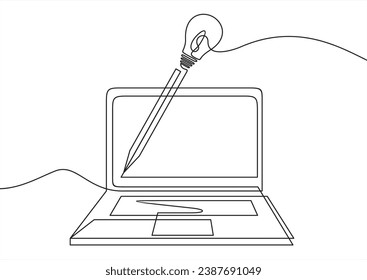 	
Single one line drawing laptop with light bulb. Business project startup, financial planning, idea development process, strategy, management. Continuous line draw design vector illustration