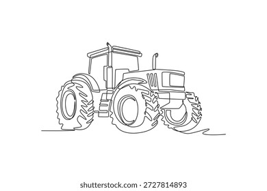 Una sola línea que dibuja el Grande tractor agrícola de tracción en las cuatro ruedas con neumáticos masivos y cabina de alta altura. Perfil de maquinaria de Profesional. Ilustración vectorial gráfica de diseño de dibujo de línea continua