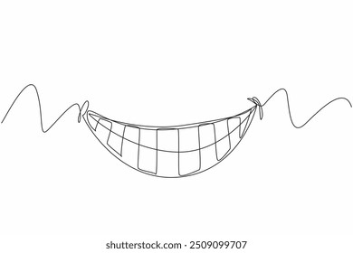 Una sola línea dibujando la boca riendo que muestra los dientes superiores e inferiores. Firma. Símbolo Reírse a carcajadas. Divertido. Es una historia graciosa. Día Internacional de la Felicidad. Ilustración gráfica de diseño de línea continua