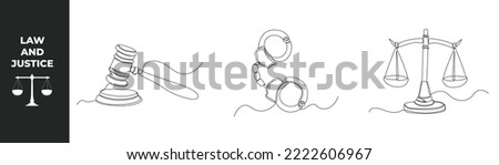 Single one line drawing law set concept. Judge's hammer on the block, handcuffs and dual balance Themis scales of justice. Continuous line draw design graphic vector illustration.
