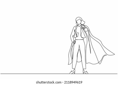 Single one line drawing leadership businesswoman in superhero cloak. Leader or boss pointing direction goals and aims defining strategy development. Continuous line design graphic vector illustration