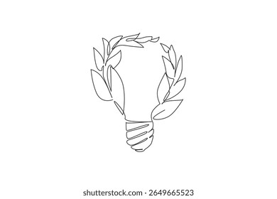 Single one line drawing leafy branches surrounding a light bulb glass. Electrical energy from plants. Using environmentally friendly energy. Tree Concept. Continuous line design graphic illustration
