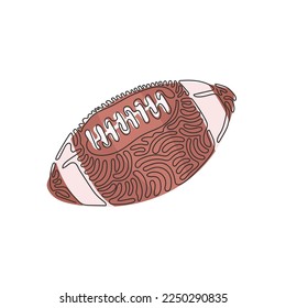 Single one line drawing leather American football ball. American college high school junior striped football. Swirl curl style concept. Modern continuous line draw design graphic vector illustration