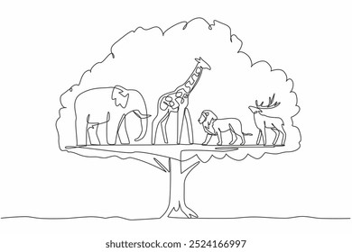 Einzeilige Zeichnung in den Blättern des großen Baumes gibt es Giraffe, Elefant, Hirsch und Löwe. Die Ewigkeit im Schattenbaum. Saldo. Weltnaturschutztag. Grafische Illustration zum Liniendesign