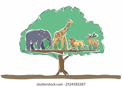 Einzeilige Zeichnung in den Blättern des großen Baumes gibt es Giraffe, Elefant, Hirsch und Löwe. Die Ewigkeit im Schattenbaum. Saldo. Weltnaturschutztag. Grafische Illustration zum Liniendesign