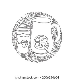 Single one line drawing lemonade in jug and glass. Glass and pitcher with lemons and ice cubes. Swirl curl circle background style. Modern continuous line draw design graphic vector illustration