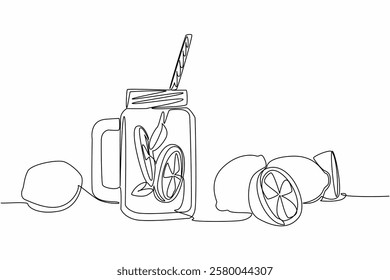 Single one line drawing lemonade, lemon slices and leaves in a mug. Simple healthy drink recipes to maintain body immunity. Sweet. National Lemonade Day. Continuous line design graphic illustration