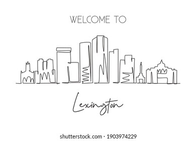 Single One Line Drawing Lexington City Skyline, Kentucky. World Historical Town Landscape. Best Holiday Destination Postcard Art. Editable Stroke Trendy Continuous Line Draw Design Vector Illustration