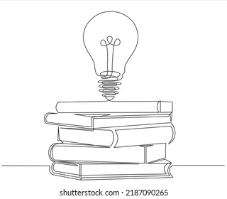 Single one line drawing of Light bulb on a stack of books. Continuous line draw design graphic vector illustration