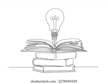 Dibujo de una sola línea de bombilla de luz sobre una pila de libros. Imagen continua de una línea para tarjetas de felicitación, pancartas y folletos. Concepto del día internacional del profesor. Ilustración vectorial.