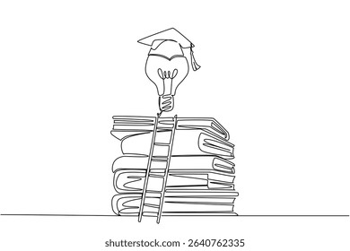 Single one line drawing lightbulb with toga floats above pile of thick books and ladder. Raising level of thinking for graduation. National Creativity Day. Continuous line design graphic illustration