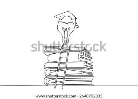 Single one line drawing lightbulb with toga floats above pile of thick books and ladder. Raising level of thinking for graduation. National Creativity Day. Continuous line design graphic illustration