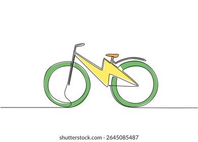 Single one line drawing lightning bolt in the middle of e bike frame. Electric technology to inspire cycling. Convenience for everyone. National E Bike Day. Continuous line design graphic illustration
