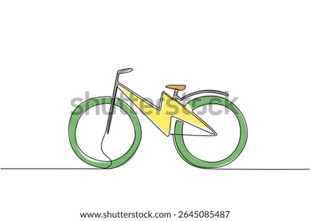 Single one line drawing lightning bolt in the middle of e bike frame. Electric technology to inspire cycling. Convenience for everyone. National E Bike Day. Continuous line design graphic illustration