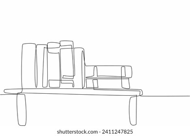 Single one line drawing of lined up and stacked thick text book above bookshelf. Book is a window to the world concept. Happy National Thesaurus Day. Continuous line draw vector illustration artwork