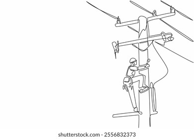 Single one line drawing lineman climbing electric pole. One of the jobs that has a high risk of work accidents. Worker. National Lineman Appreciation Day. Continuous line design graphic illustration