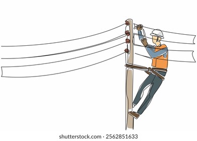 Single one line drawing lineman is repairing the electrical cable. Work safely for personal safety. Professional worker. National Lineman Appreciation Day. Continuous line design graphic illustration