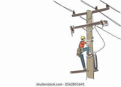 Single one line drawing lineman climbing electric pole. One of the jobs that has a high risk of work accidents. Worker. National Lineman Appreciation Day. Continuous line design graphic illustration