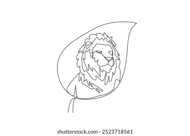 Single one line drawing lion head in the middle of the leaf. A ferocious beast with fangs. Top of the food chain. Hunting for survival. World Wildlife Day. Continuous line design graphic illustration