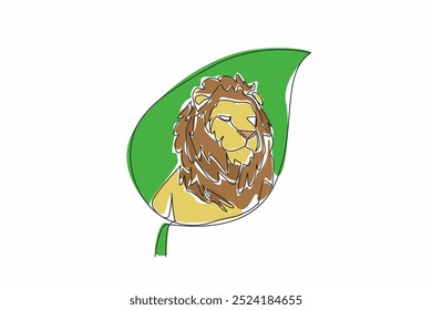 Single one line drawing lion head in the middle of the leaf. A ferocious beast with fangs. Top of the food chain. Hunting for survival. World Wildlife Day. Continuous line design graphic illustration