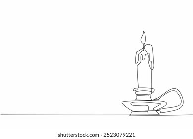Single one line drawing a lit candle in a candlestick. The melting wax. A source of light in the darkness. The impermanence of things. World Candle Day. Continuous line design graphic illustration