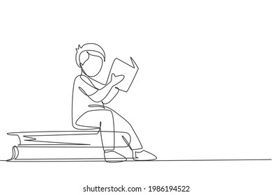 Single one line drawing little boy reading, learning and sitting on big books. Study in library. Intelligent student, education concept. Modern continuous line draw design graphic vector illustration