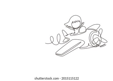 Single one line drawing little girl operating plane. Kids flying in airplane. Happy smiling kid flying plane like real pilot and dreaming of piloting profession. Continuous line draw design graphic