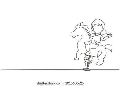 Single one line drawing little girl riding horse ride in park playground. Kids riding toy horse rocking. Happy girl riding horse swinging seesaw. Continuous line design graphic vector illustration