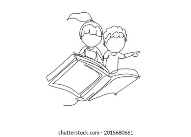 Single one line drawing little boy and girl student or preschooler flying on magic book. Happy kids flying on the book. Knowledge power concept. Continuous line draw design graphic vector illustration