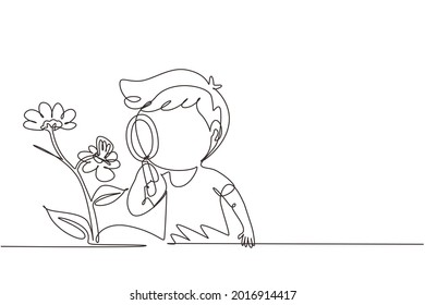 Single one line drawing little boy using magnifying glass and observing butterfly on leaf. Children observing nature. Kids activities. Modern continuous line draw design graphic vector illustration