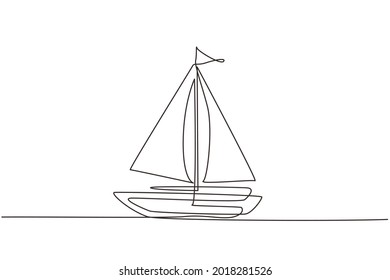 Single one line drawing little sailing ship, boat, sailboat, flat style. Icon or symbol of toy boat, sailing ship, sailboat with white sails. Continuous line draw design graphic vector illustration