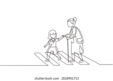 Single one line drawing little girl helps old woman to cross road at pedestrian crossing. Help grandmother crosswalk. Safety traffic. Modern continuous line draw design graphic vector illustration