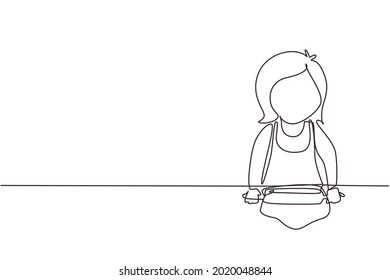 Single one line drawing little girl stretching dough with rolling pin. Kids making homemade bakery at kitchen. Children doing housework chores at home. Continuous line draw design graphic vector