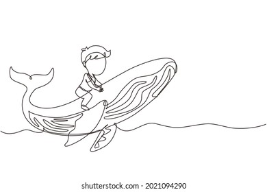Single one line drawing little boy riding blue whale. Young kid sitting on back of whale. Cheerful child on back of large blue whale. Modern continuous line draw design graphic vector illustration