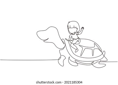 Single one line drawing little girl riding sea turtle. Child sitting on back tortoise with fins diving in beach. Kids learning to ride turtle. Continuous line draw design graphic vector illustration